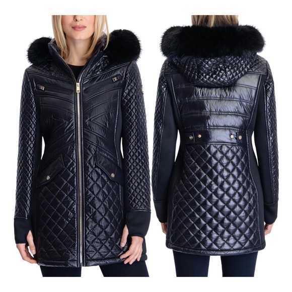 MICHAEL KORS Faux Fur Trim Water-Resistant Hooded Quilted 3/4 Jacket. NEW!